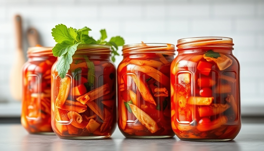 Homemade kimchi jars on kitchen surface with white brick wall background.