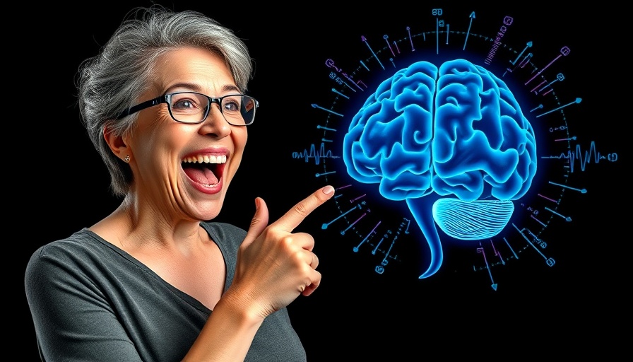 Middle-aged woman pointing at digital brain; brain health tests theme.