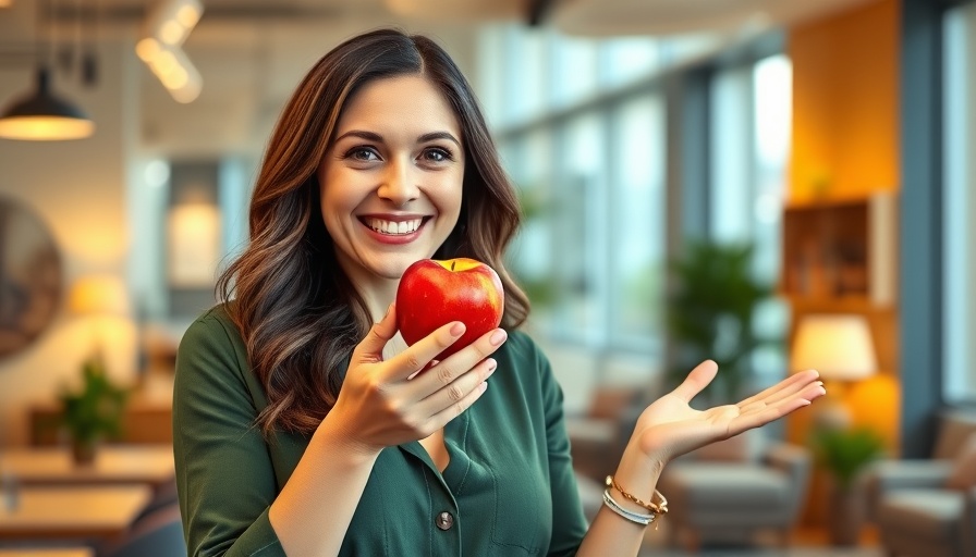 Smiling woman discusses healthiest apple varieties in a modern office.