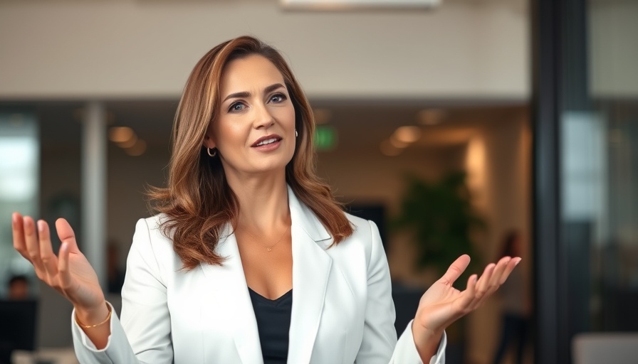 Confident woman explaining health benefits of chocolate in modern office.