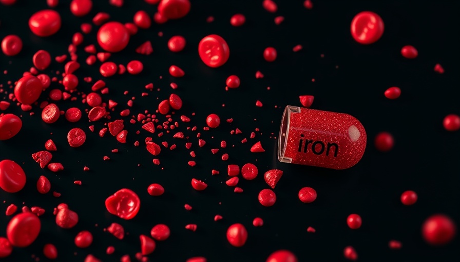 Iron supplements scattered with red blood cells on black background.