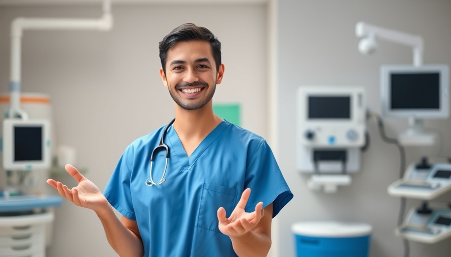 Smiling healthcare worker gesturing in clinical setting, Blood Clot Warning Signs.