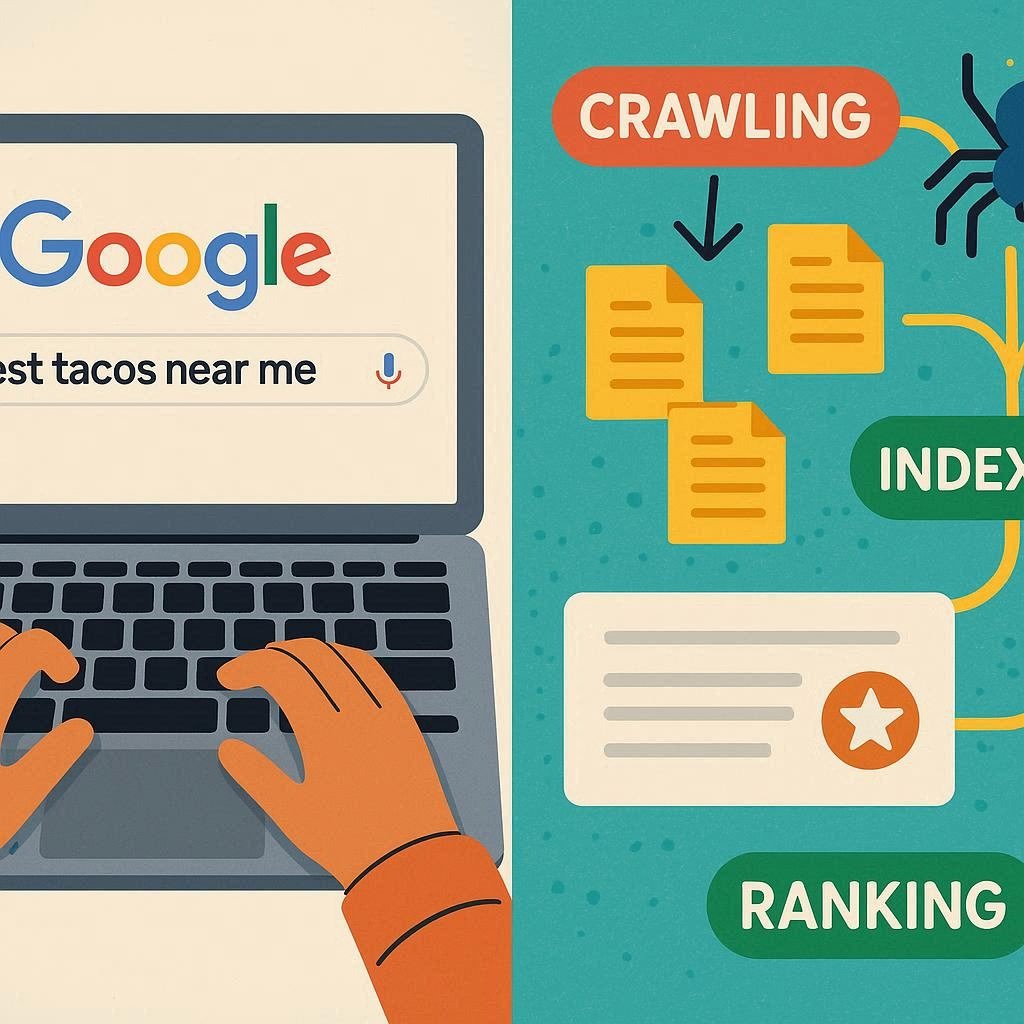 Person searching 'best tacos near me' with infographic flowchart of SEO processes.