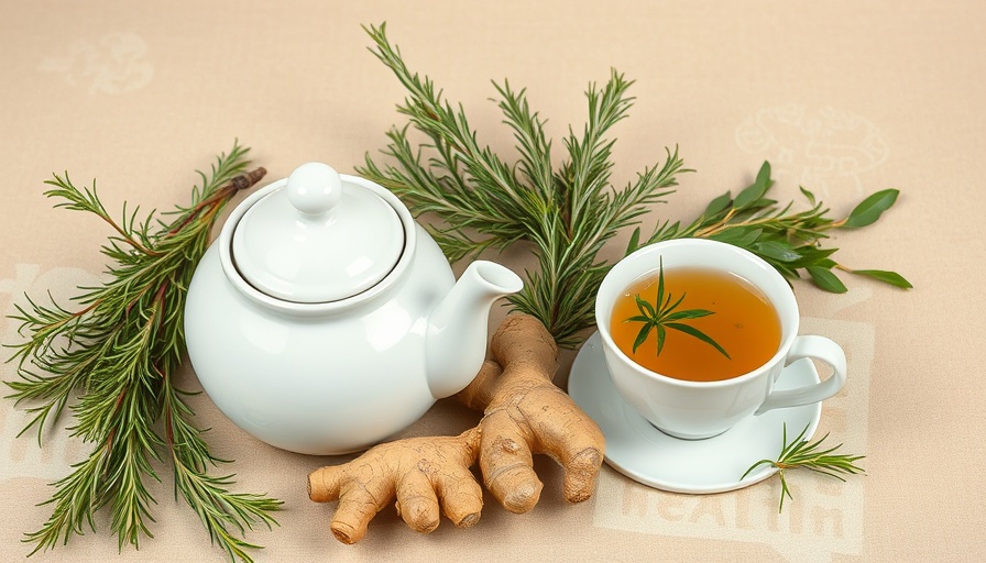 Adaptogens Explained: Herbs with teapot and tea on beige background.