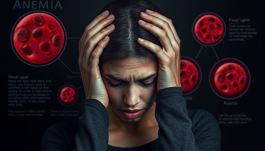 Anemia symptoms illustration with distressed woman and blood cells.