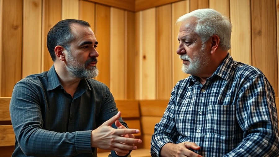 Men discussing health benefits of sauna therapy for cognitive function in a timber-paneled sauna.