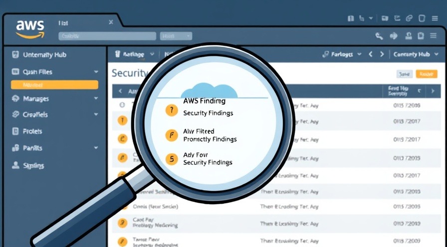 Cartoon magnifying glass over AWS Security Hub highlighting security findings.