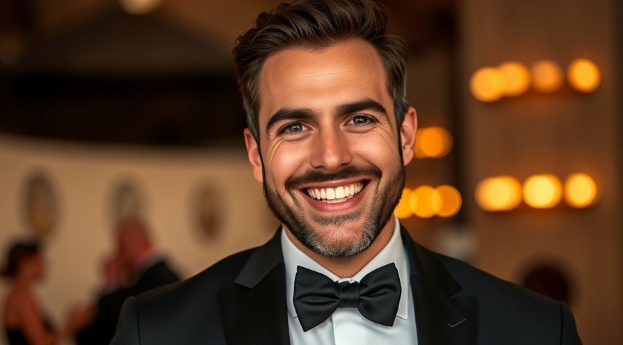 A handsome, smiling man in a tuxedo, exuding charm and fun.