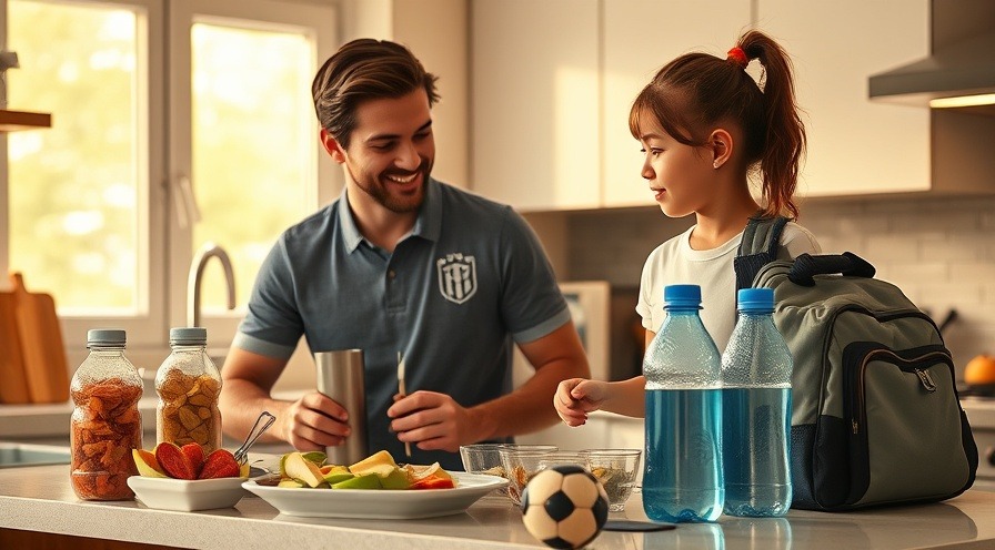 Father and daughter preparing healthy snacks for soccer practice in a sunlit kitchen.