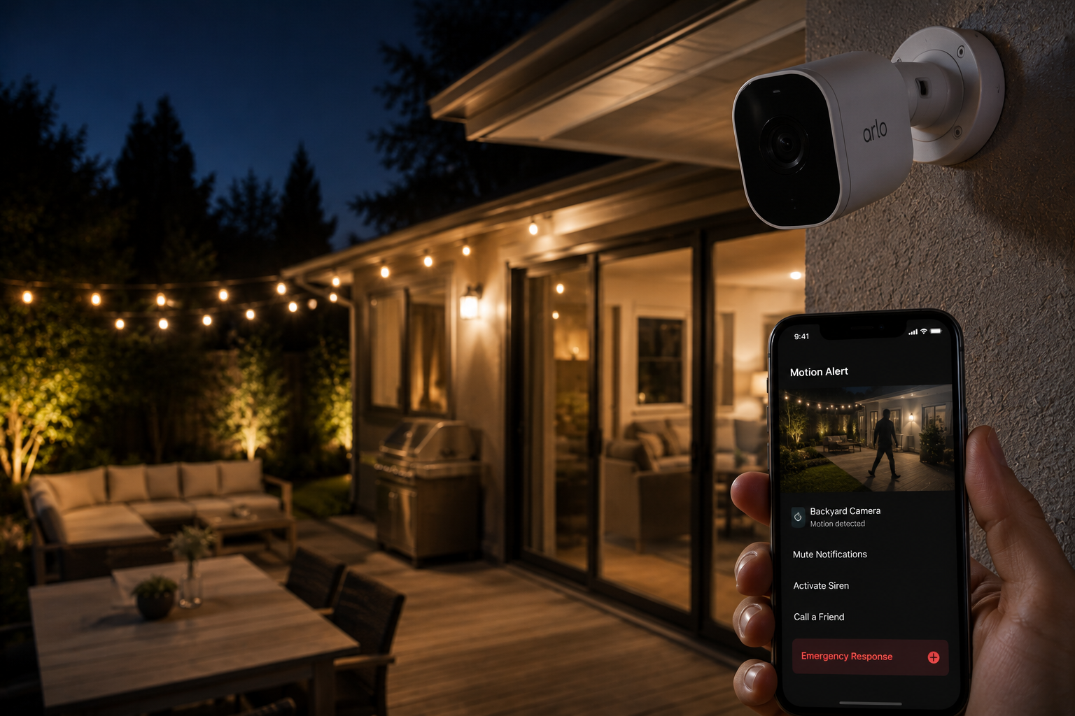 Nighttime patio with motion alert device