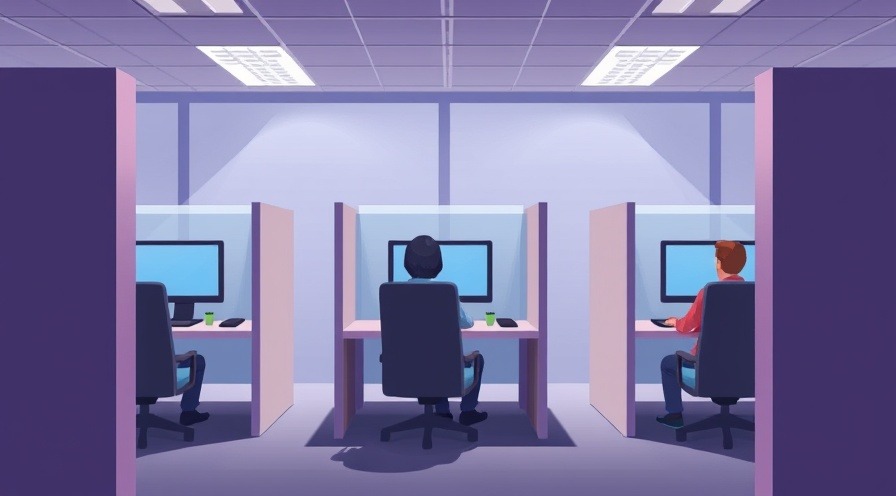 Cartoon style image of a computer testing center with small cubicles, one adult per cubicle.