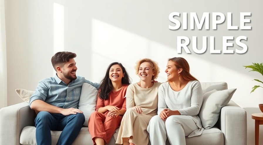 A happy family of four laughing together in a cozy living room, emphasizing joy and connection.