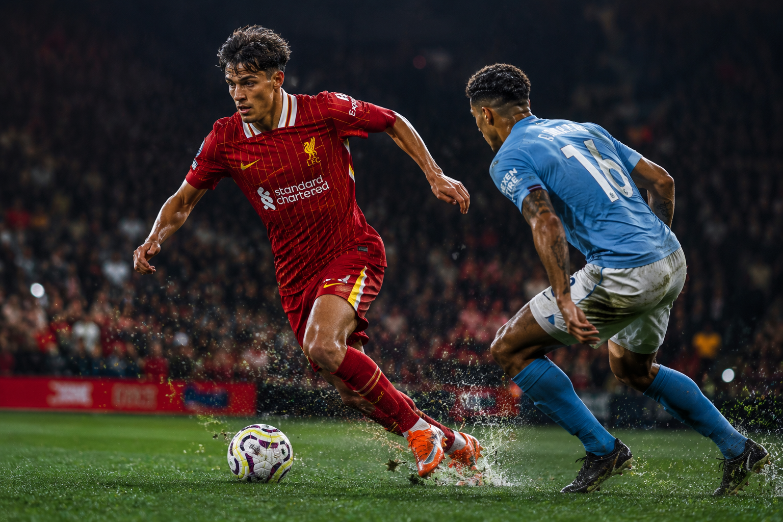 High-stakes soccer action under stadium lights