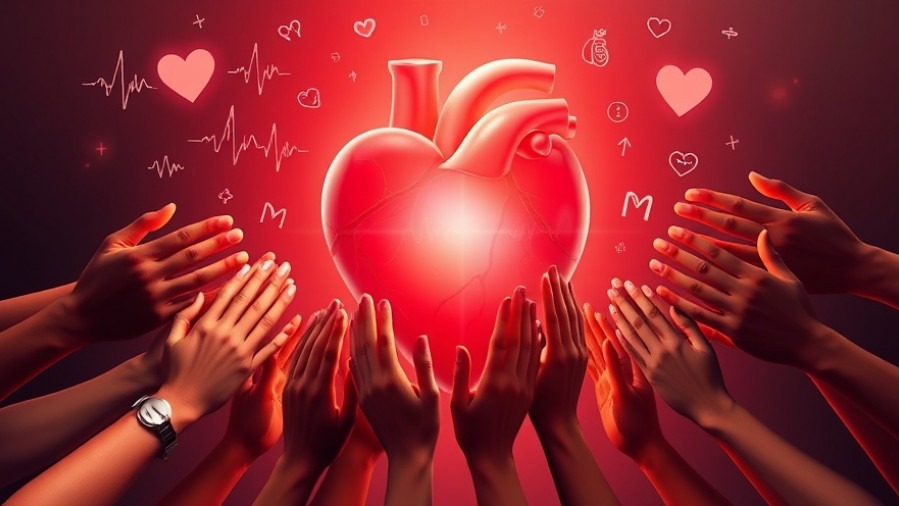 Artistic representation of a healthy human heart glowing with warm light, surrounded by diverse hands.