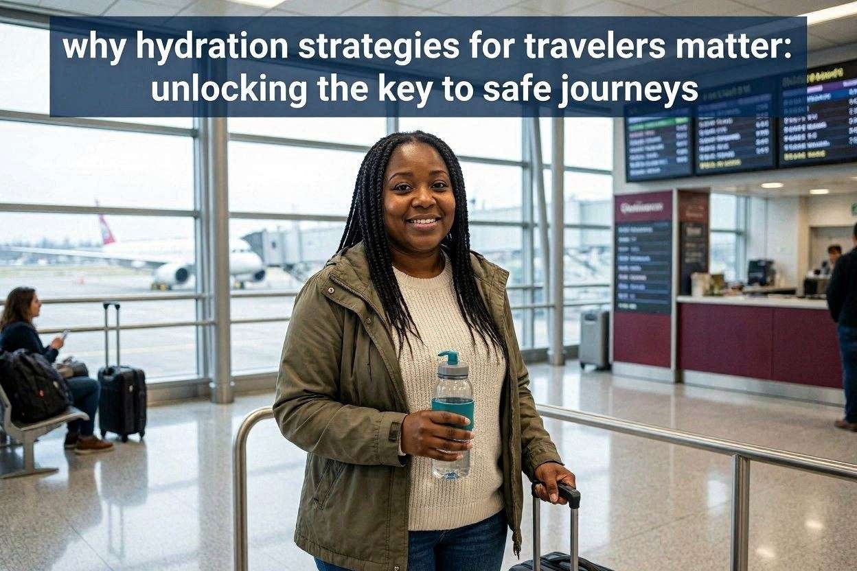 hydration strategies for travelers: Modern traveler in airport lounge holding reusable water bottle, viewing departures board in a sunlit airport, surrounded by luggage and gentle motion blur of other travelers.