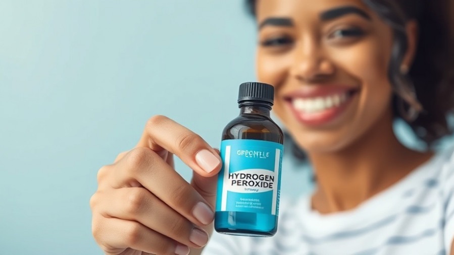 Confident person smiling, showcasing a blue label hydrogen peroxide bottle in soft morning light.