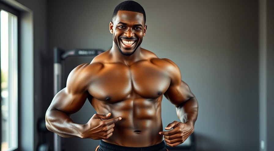 Fit black man showcasing belly fat loss in energizing morning routine at home gym.