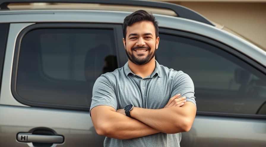 male, smiling with arms crossed by closed car door.