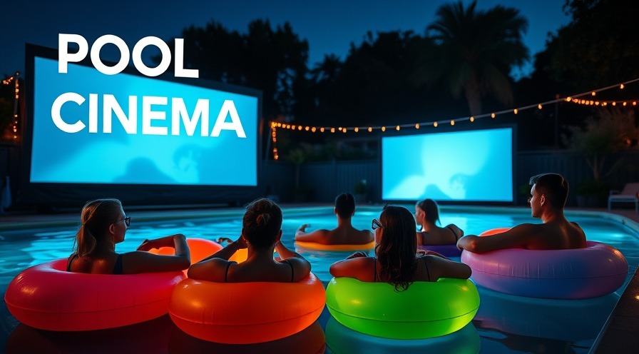 Friends enjoying a pool cinema night, illuminated by soft glows and reflections.