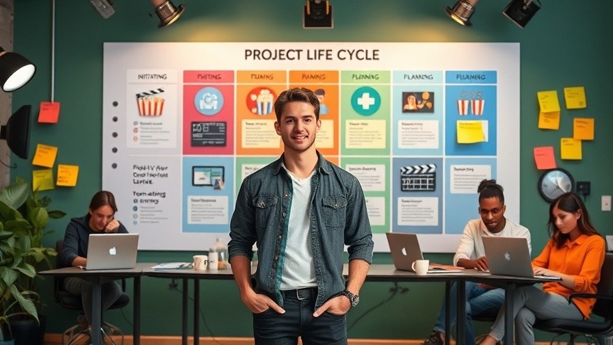 Project manager explaining life cycle phases on a visual board styled like a streaming service menu.
