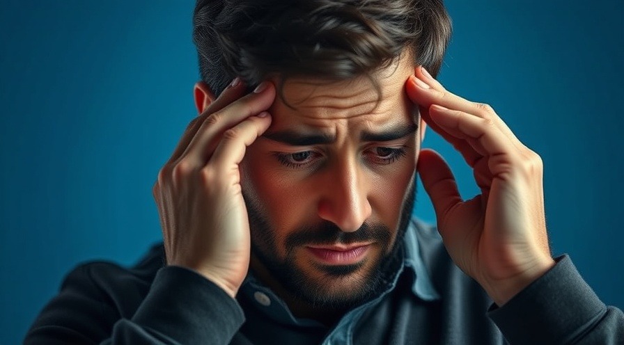 Dark-haired man practices stress relief techniques with temple massage, calm ambiance.