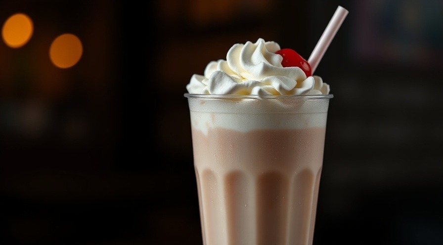 Indulgent tall milkshake with whipped cream and cherry, appetizing dessert photography.
