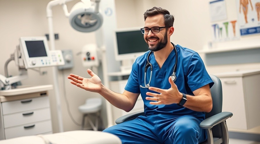 Doctor in blue scrubs explaining torn meniscus signs, discussing with a patient.