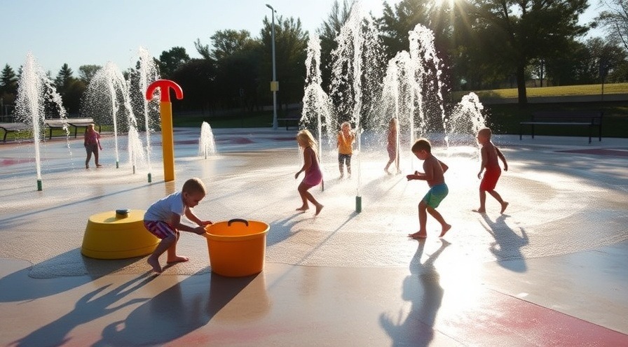 Children enjoying a splash pad in morning light, vibrant scene at a park.