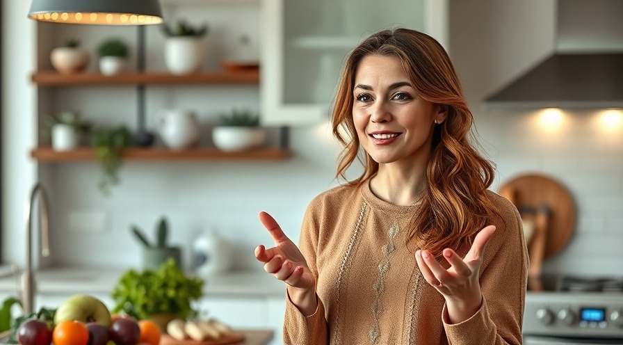 Confident woman sharing liver detox tips in a modern kitchen, promoting healthy lifestyle changes.