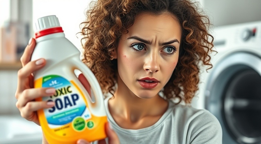 Concerned woman examines laundry detergent label for health effects on sensitive skin.
