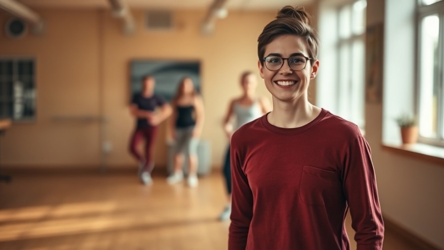 A beginner with a nervous smile steps into a dance class, embraced by a warm atmosphere.