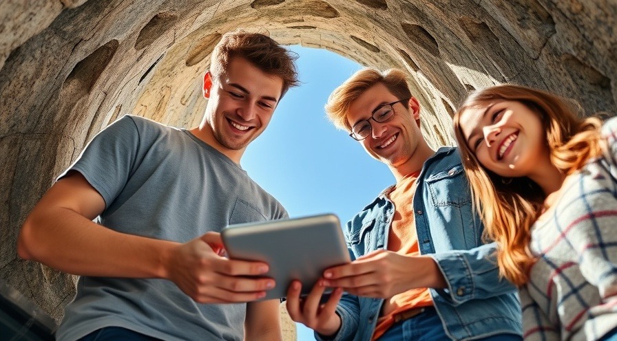Happy male and female teens exploring a technology hole.