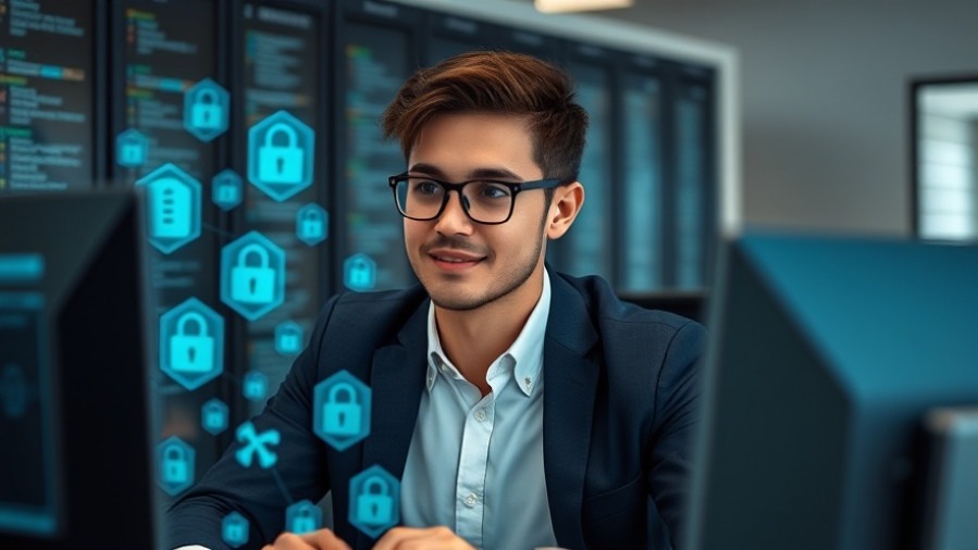 Confident cybersecurity professional at a computer, surrounded by digital security icons.