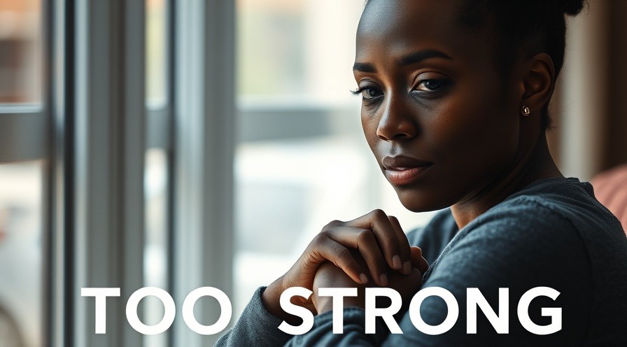 Close-up of a brave distressed woman, tears in eyes, with 'TOO STRONG' typography.