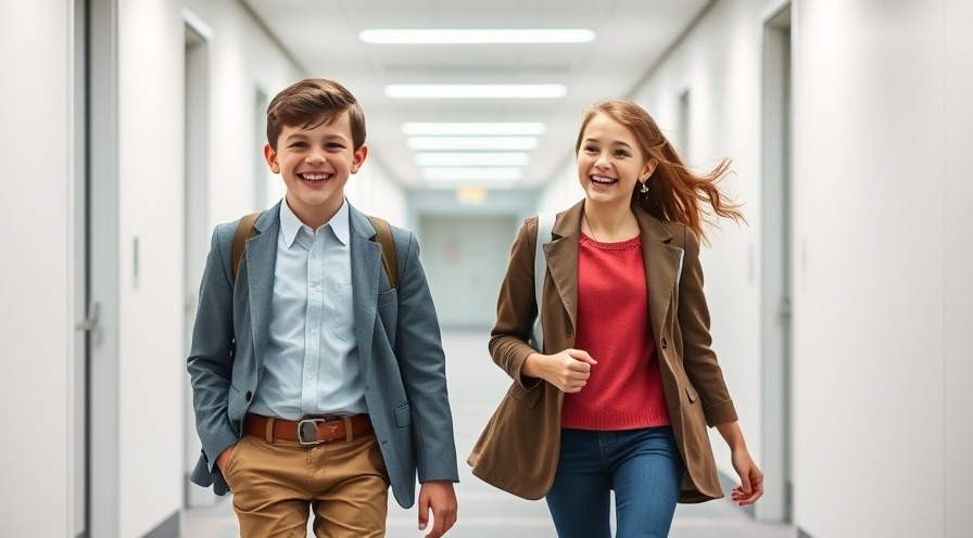 Joyful kids in adult attire walking in a bright modern office hallway.