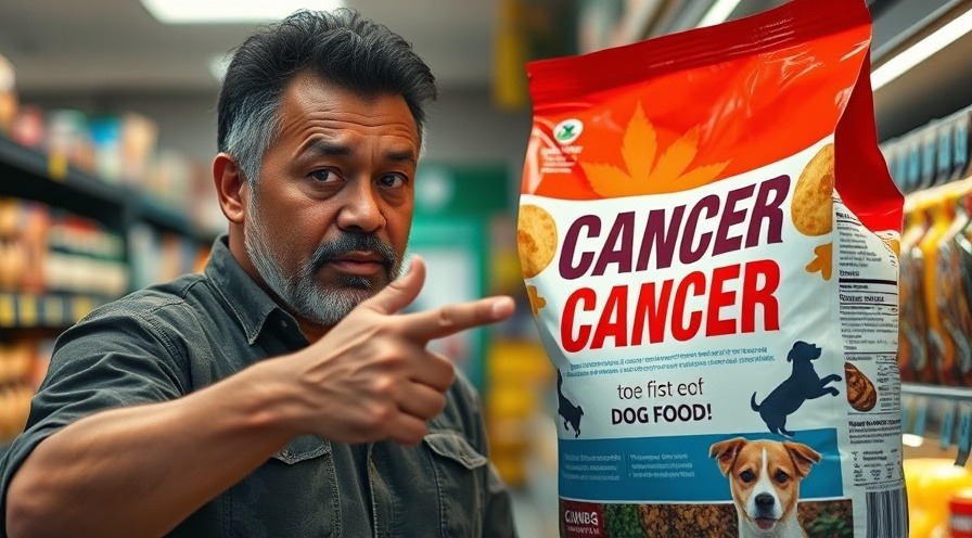 Concerned man pointing at dog food bag with Cancer warning, highlighting pet nutrition.
