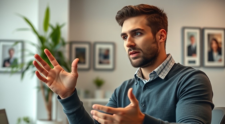 Young man discussing eye health with gestures, highlighting conjunctivitis symptoms.