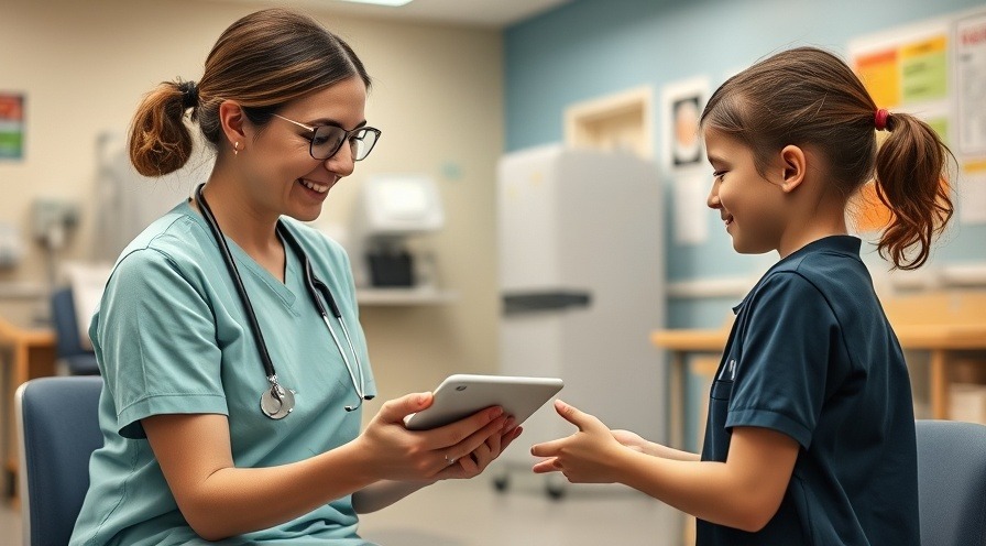 Compassionate school nurse helping a student with telehealth in schools, bright clinic setting.