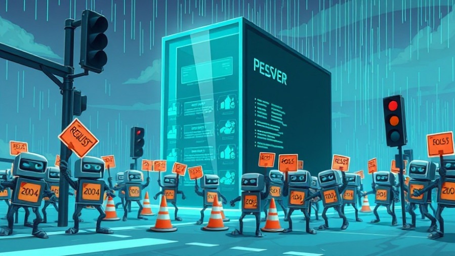 A whimsical digital art scene of a web server overtaken by glitchy robots with traffic cones.