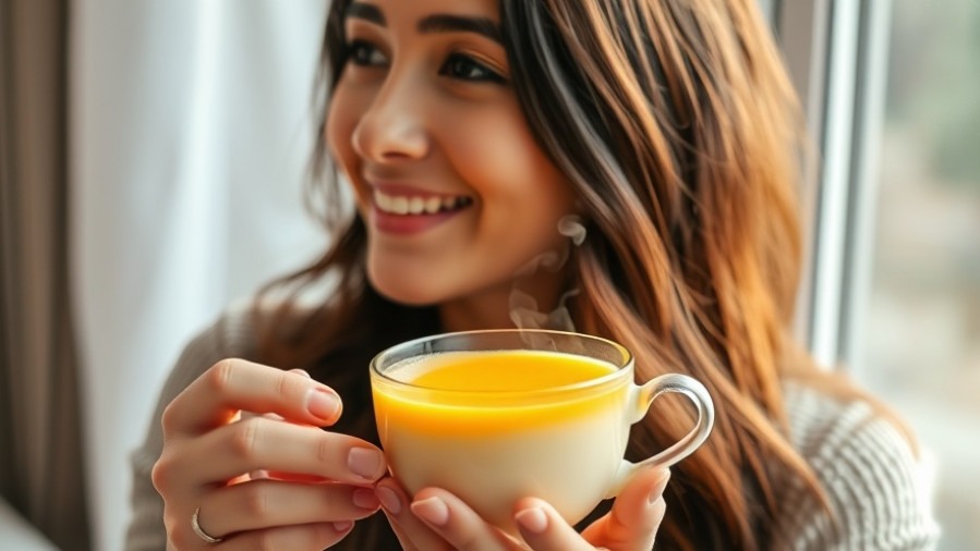 Joyful young woman savoring golden turmeric tea for natural cough relief.