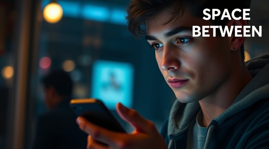 A young man hesitates over a glowing phone screen, captured in soft evening light.