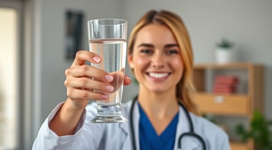 Smiling female doctor toasting with a glass of water, promoting hydration and health.