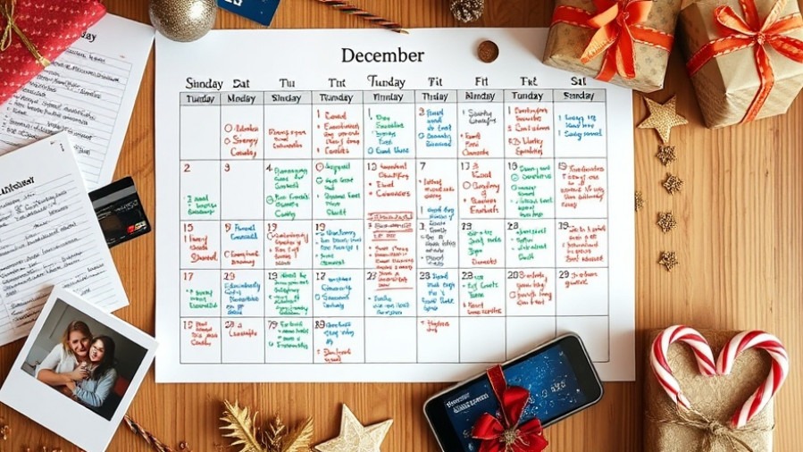 Overwhelmed holiday planning in December calendar filled with colorful notes and commitments.