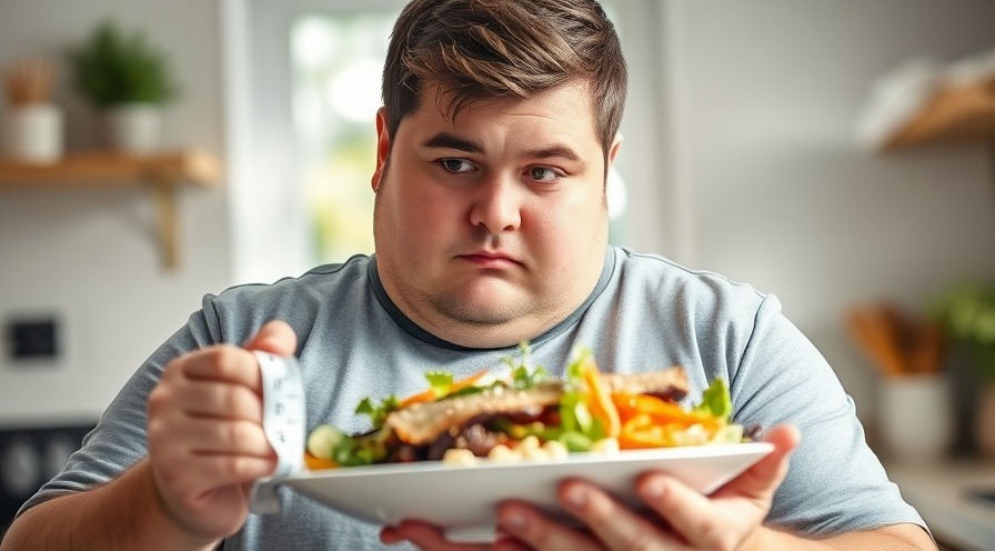 Chubby male contemplating healthy meal for insulin management in bright kitchen.