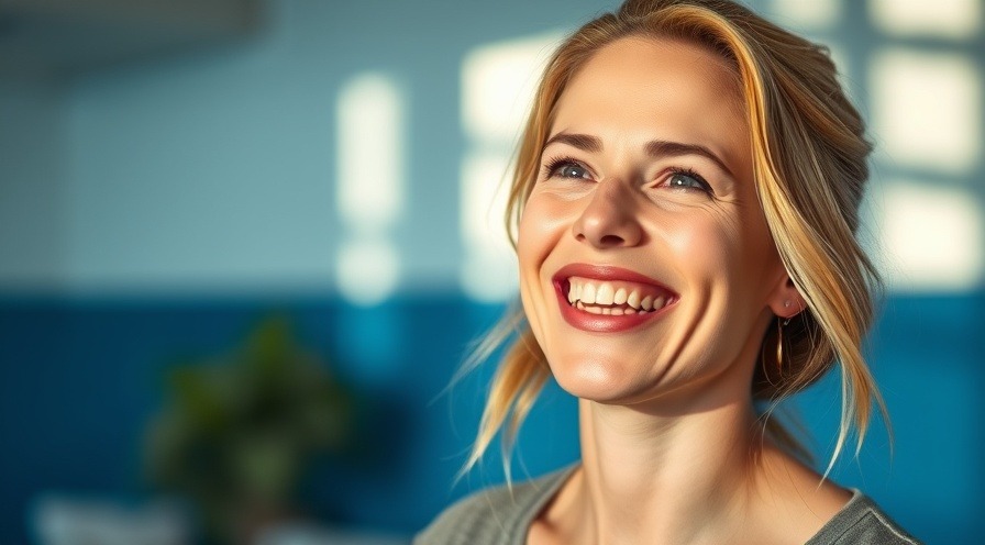 Cheerful woman in warm tones enjoying morning sunlight benefits indoors.