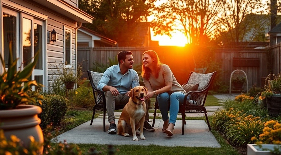 Happy family with dog in a lush, pet-safe backyard patio at sunset.