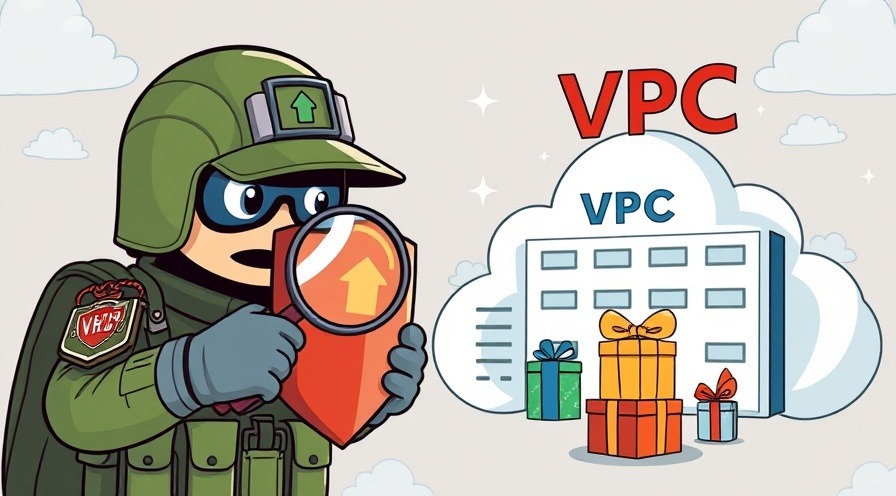 Cartoon firewall soldier guarding VPC cloud, inspecting packets for malware.