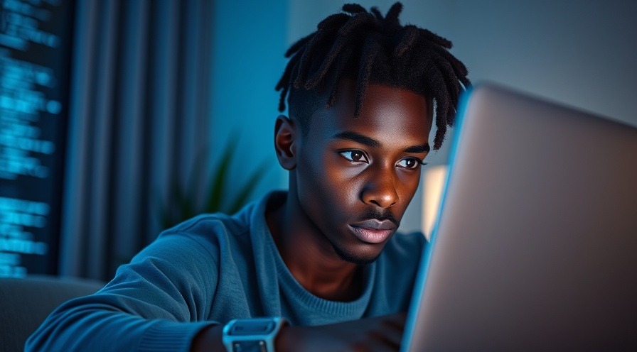 Thoughtful young male, focused on glowing code on laptop.