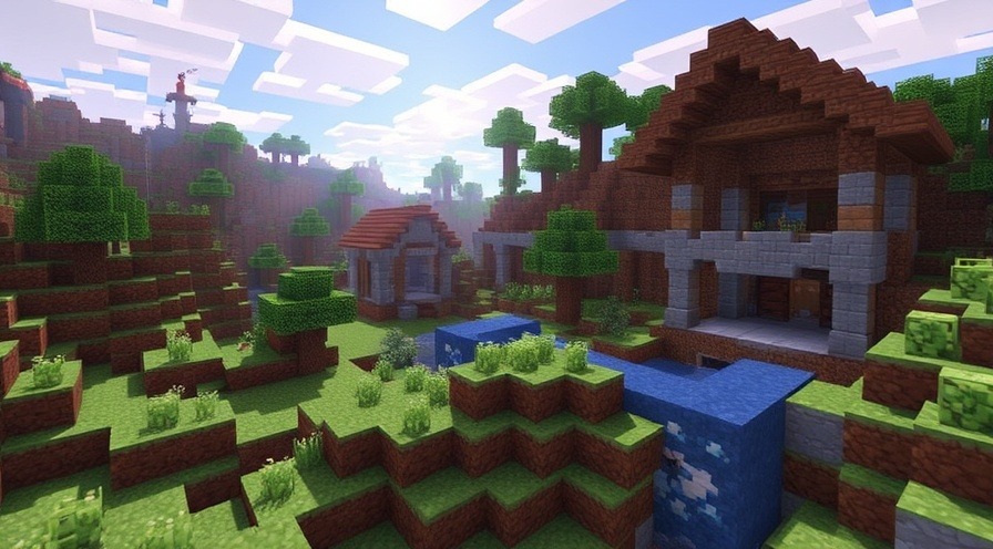 Explore a vibrant Minecraft landscape filled with blocks and creatures.
