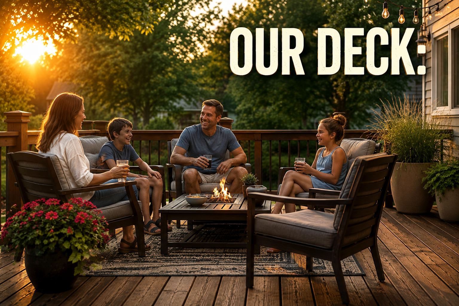 Joyful family enjoying a golden hour summer evening on a wooden deck.